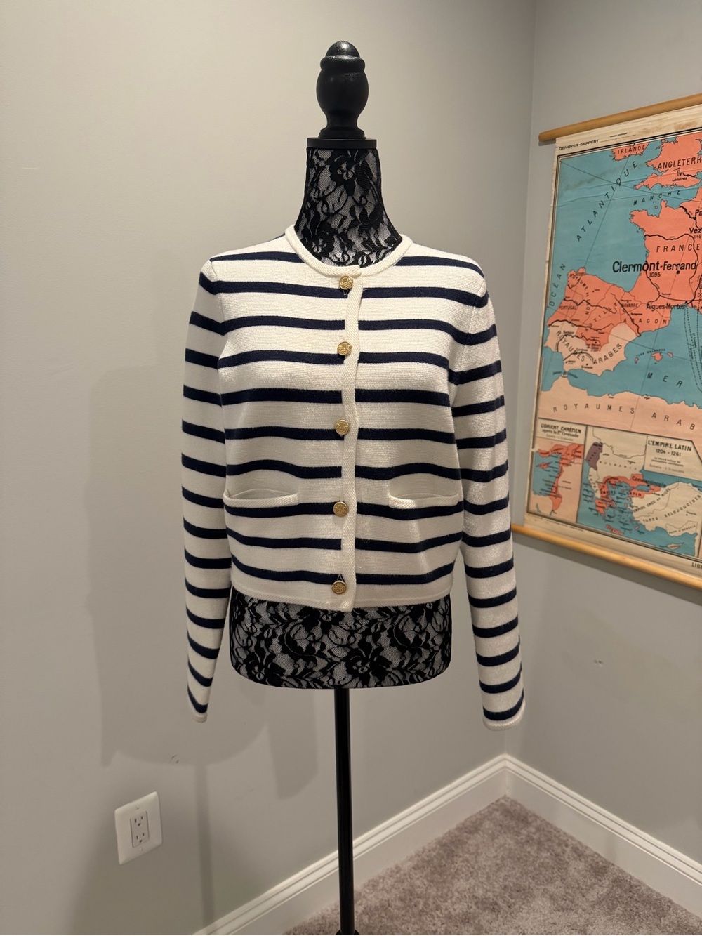 Striped Navy & White Cropped Cardigan Jacket